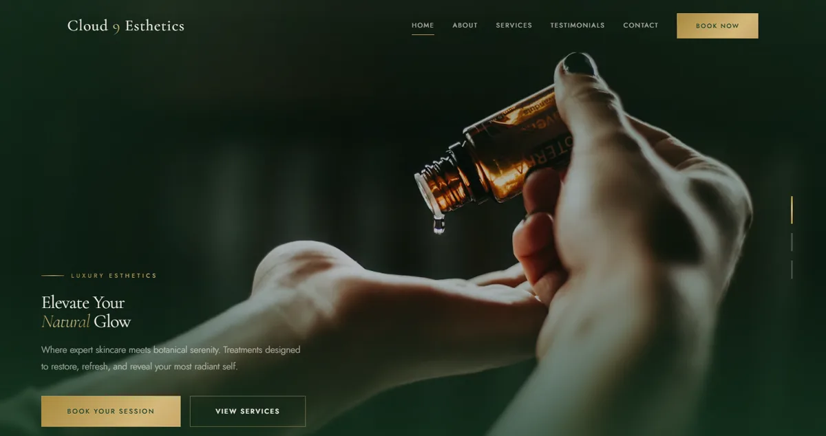 Cloud 9 Esthetics homepage on a desktop screen, with a dark green and gold design and a Book Your Session button.